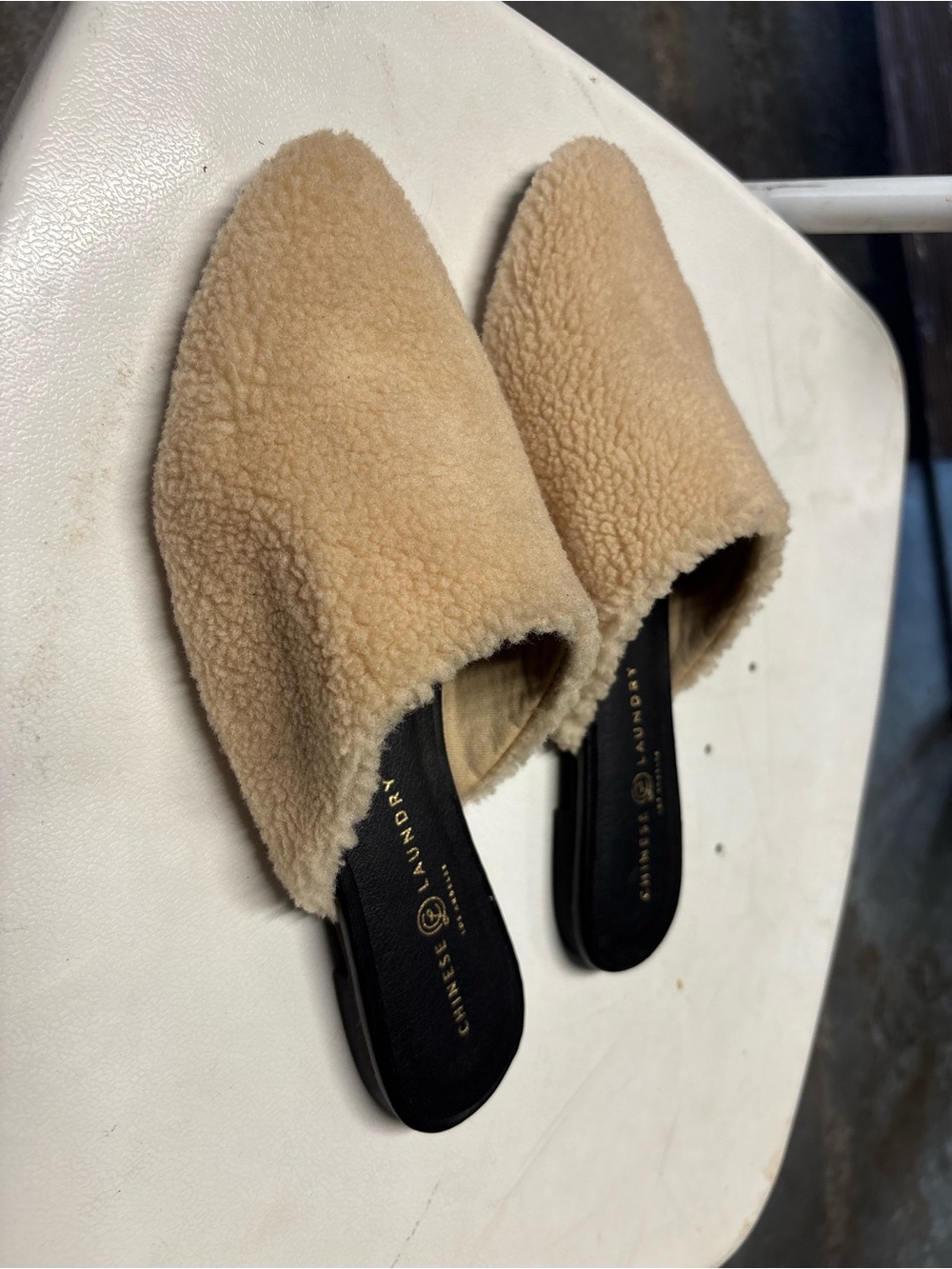 Chinese Laundry Tan Shearling Slip-On Mules